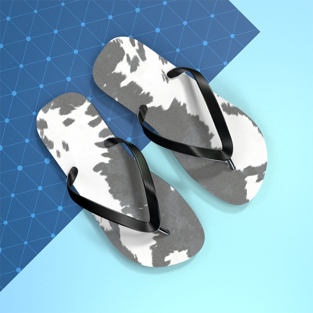 Grey Cow Print Flip Flops