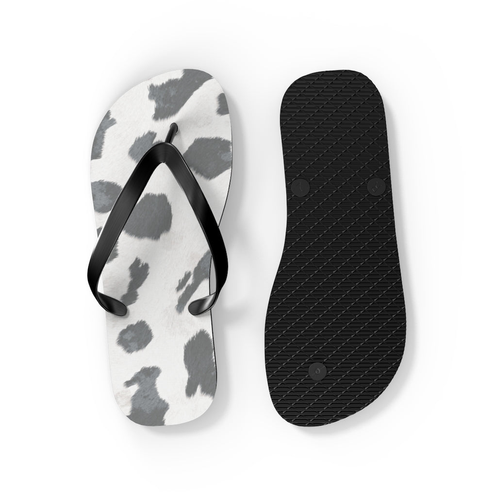 Grey Cow Print Flip Flops