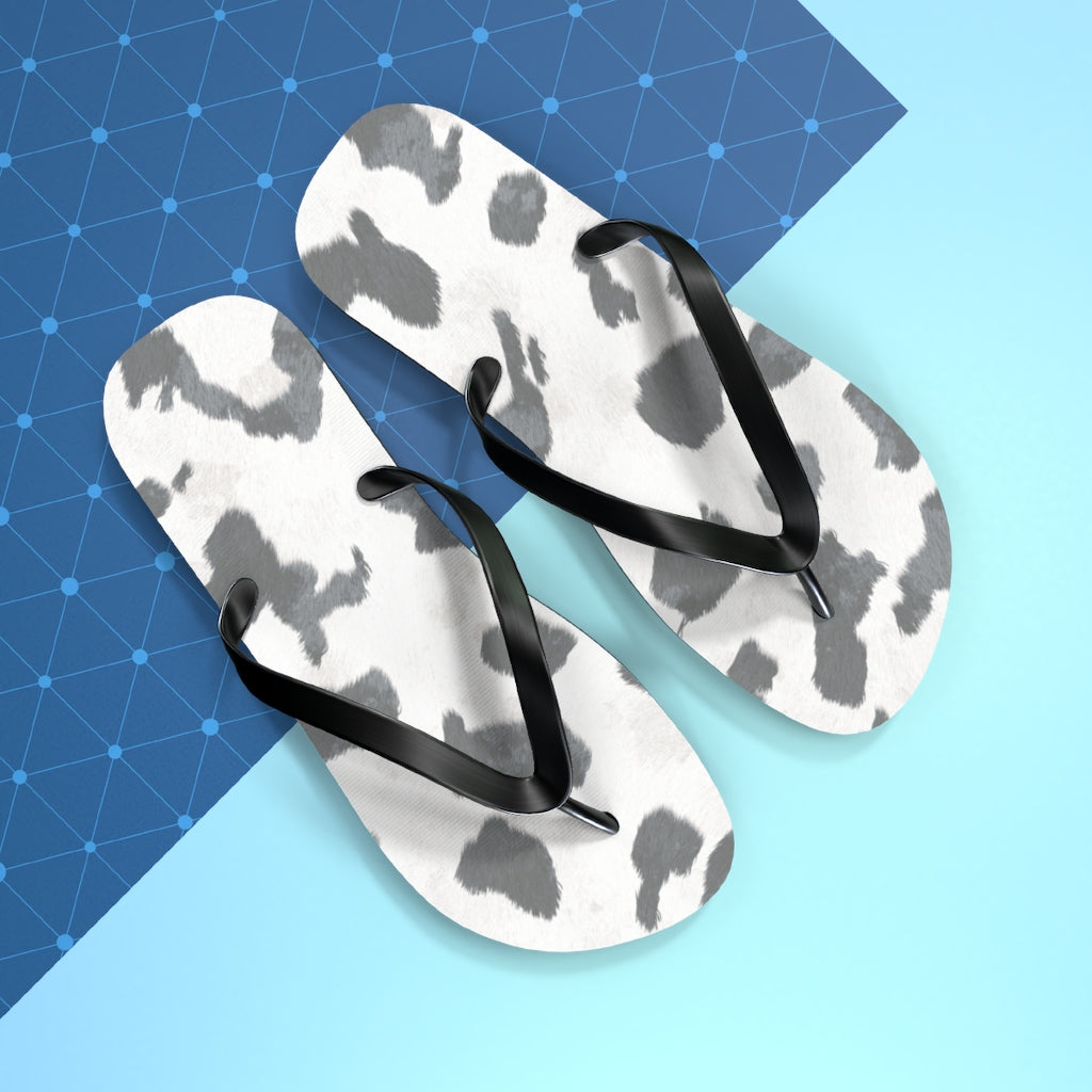 Grey Cow Print Flip Flops