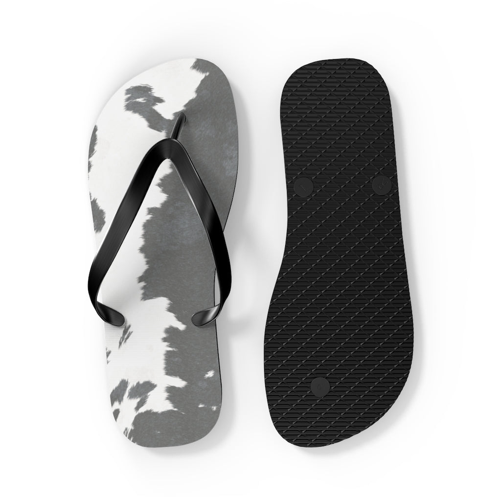 Grey Cow Print Flip Flops