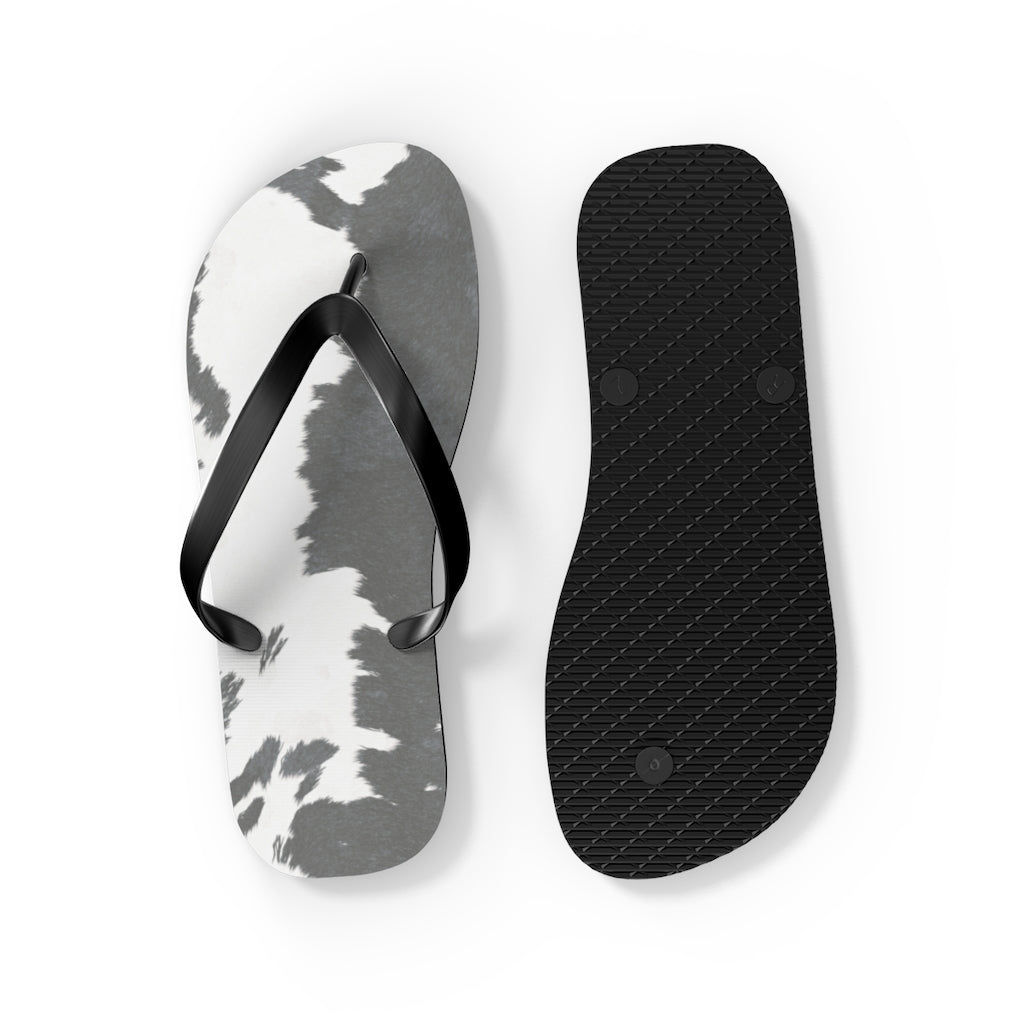 Grey Cow Print Flip Flops