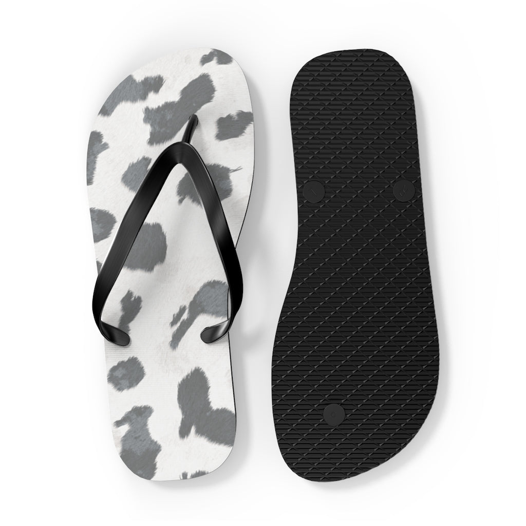 Grey Cow Print Flip Flops