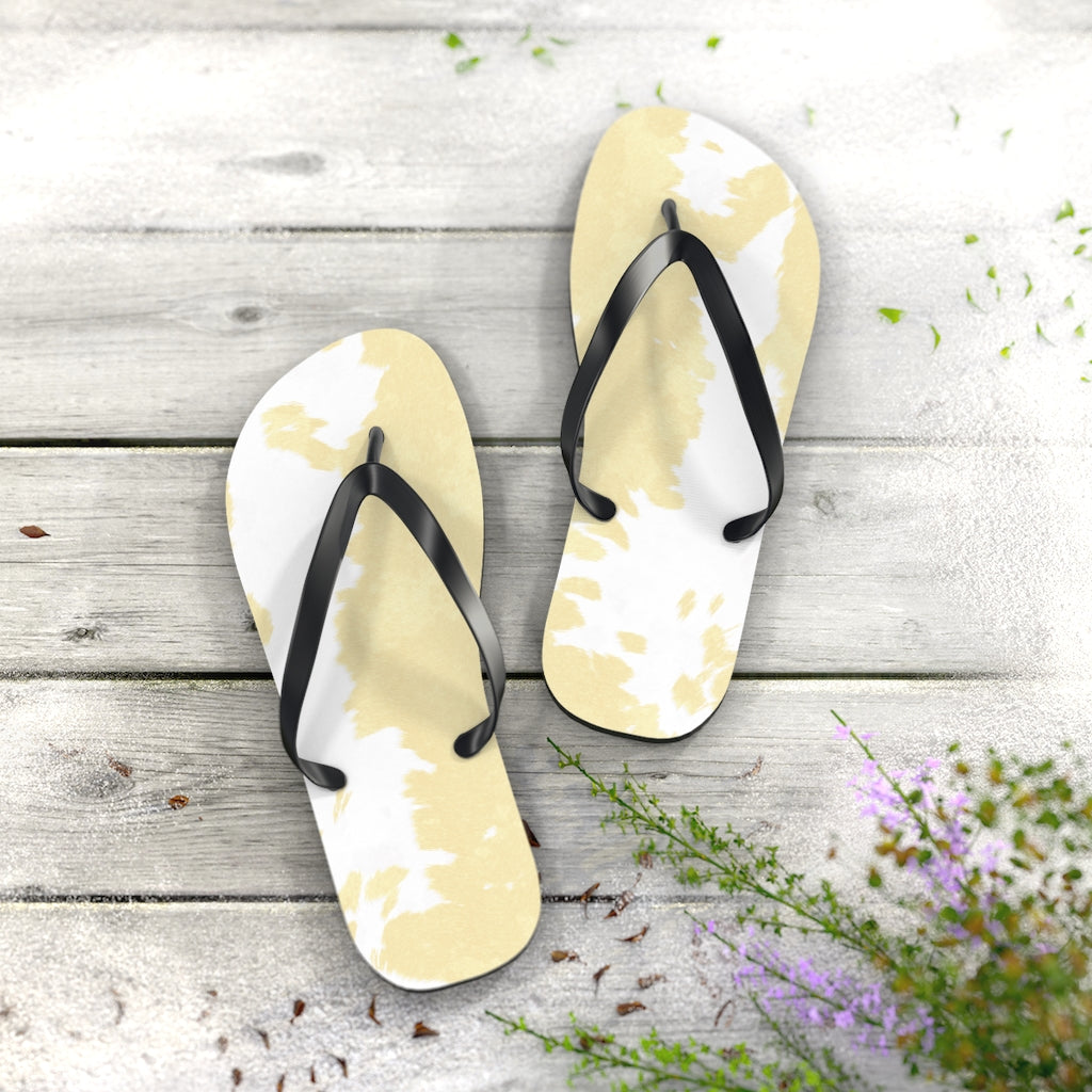 Cream Cow Print Flip Flops