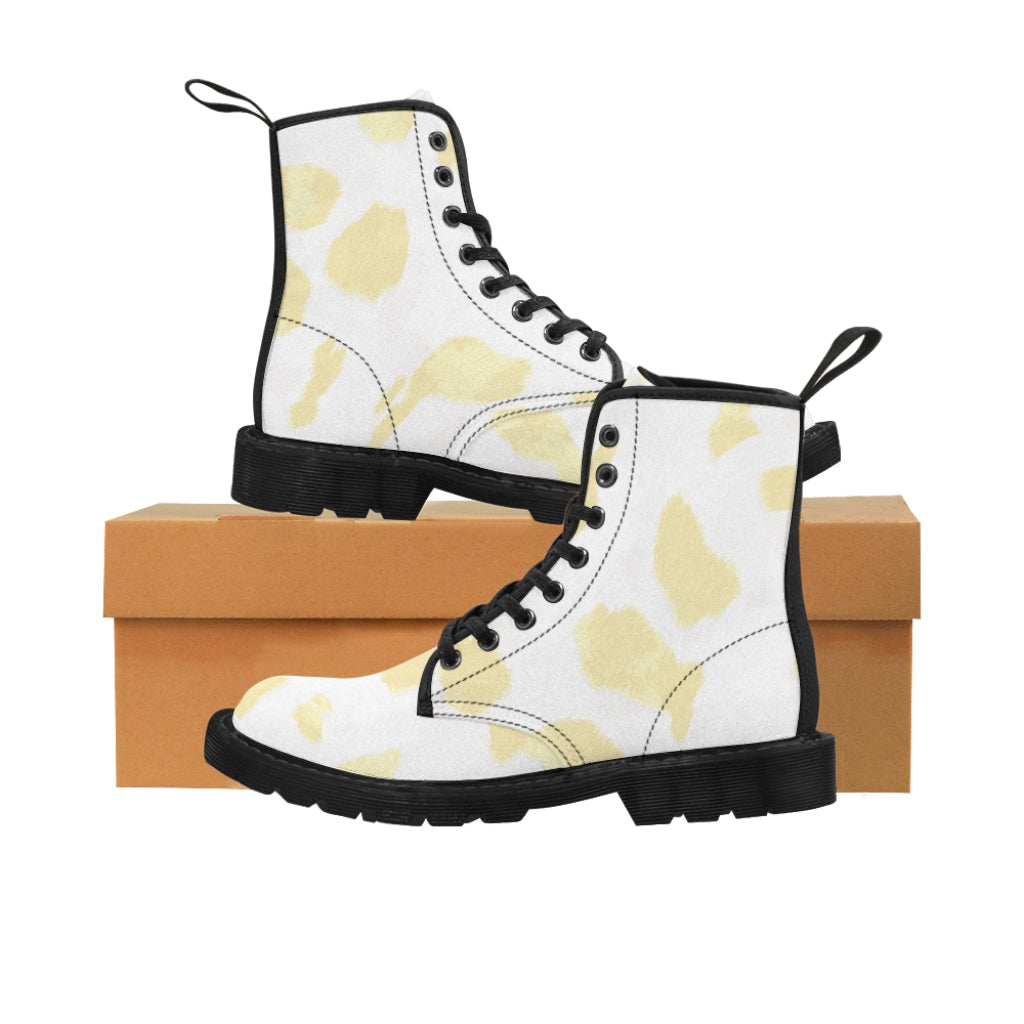 Cream Cow Print Canvas Boots [Women's]