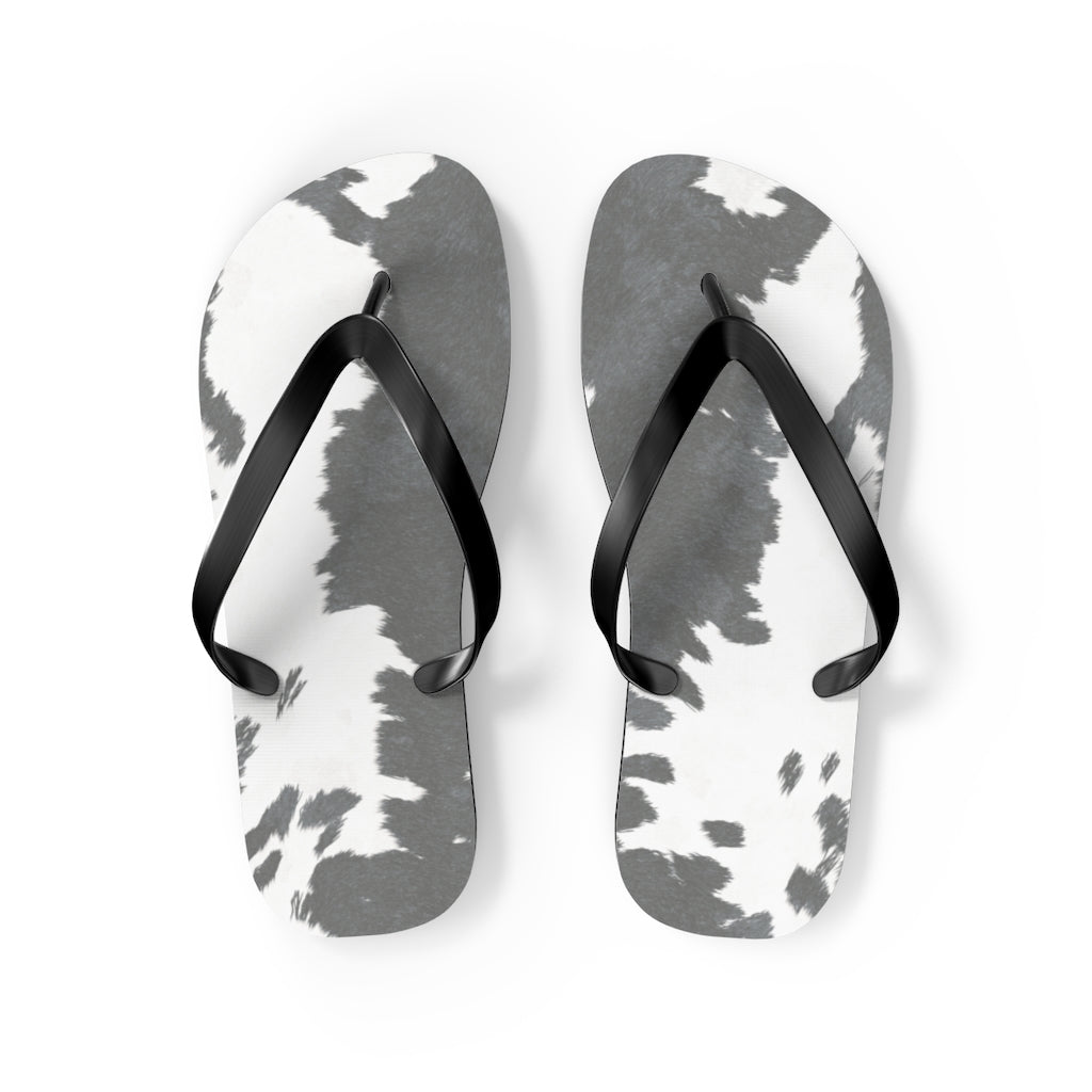 Grey Cow Print Flip Flops