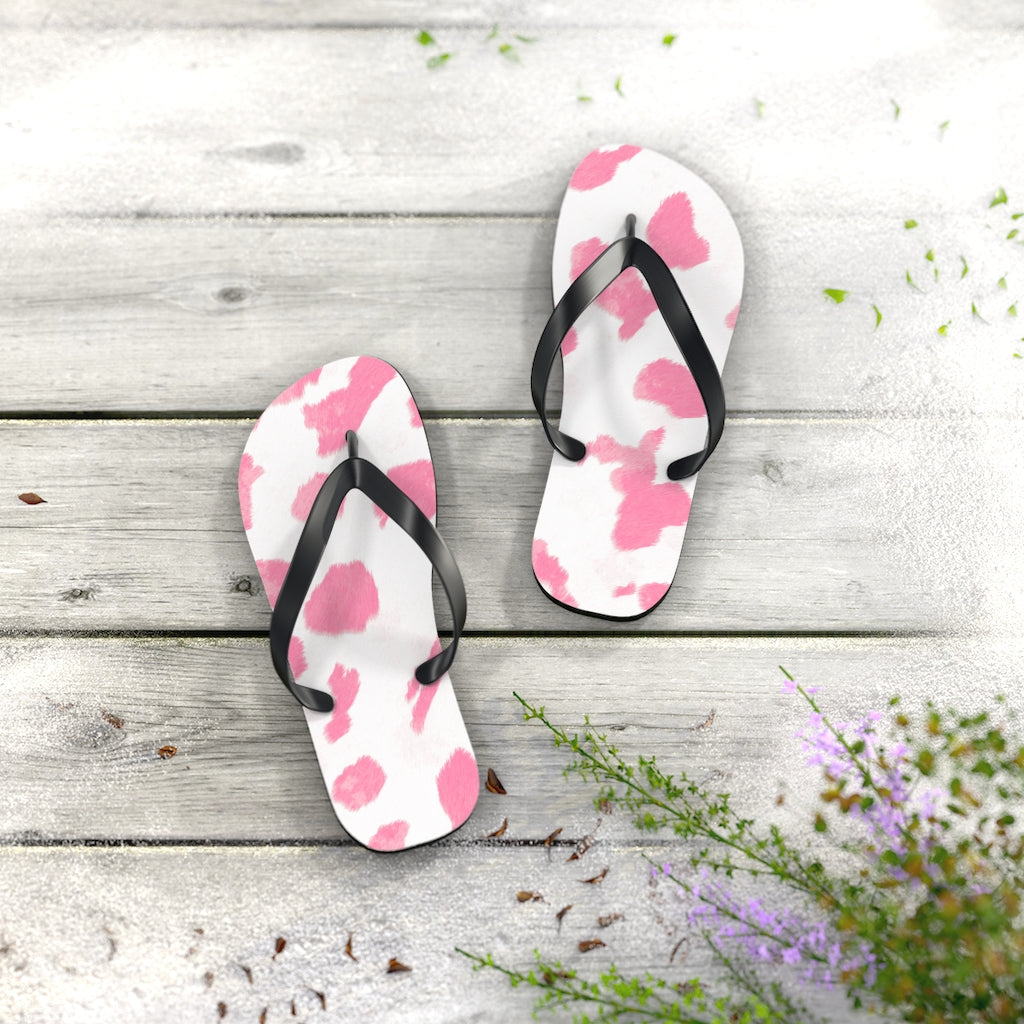 Pink Cow Print Flip Flops