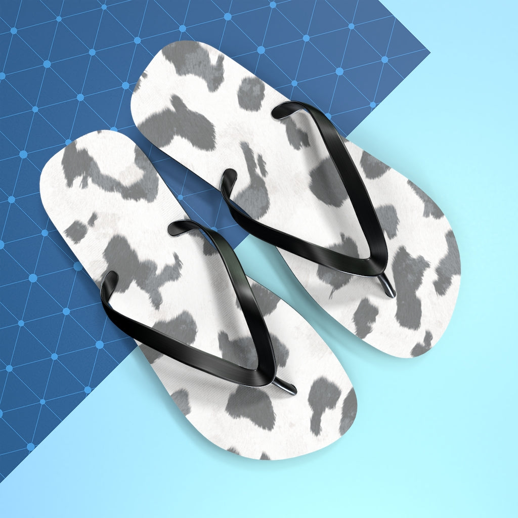 Grey Cow Print Flip Flops