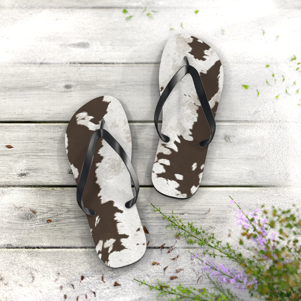 Taupe Cow Print Flip Flops