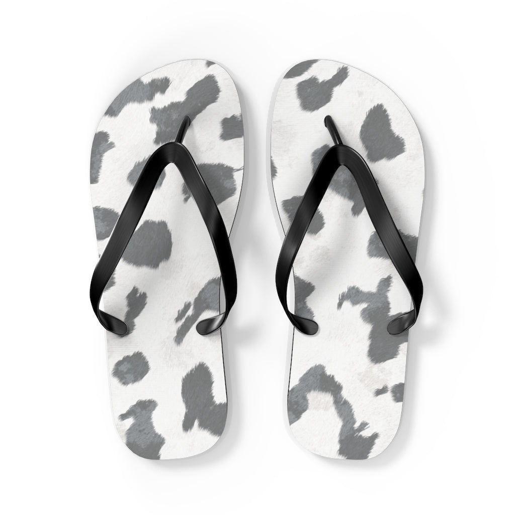 Grey Cow Print Flip Flops