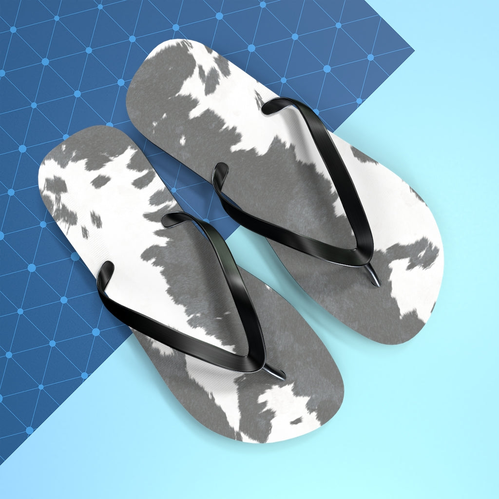 Grey Cow Print Flip Flops