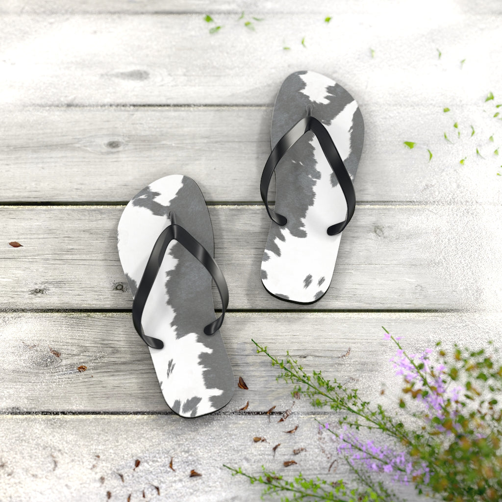 Grey Cow Print Flip Flops