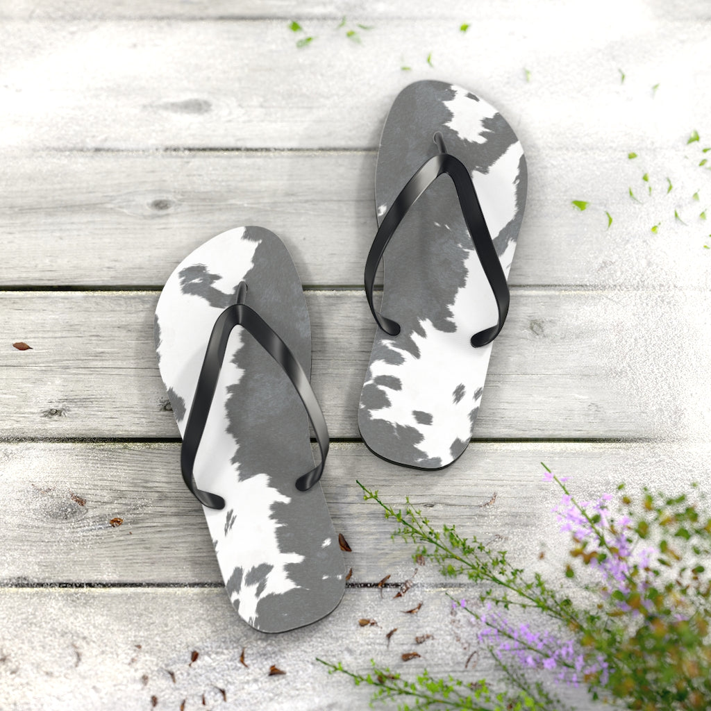 Grey Cow Print Flip Flops