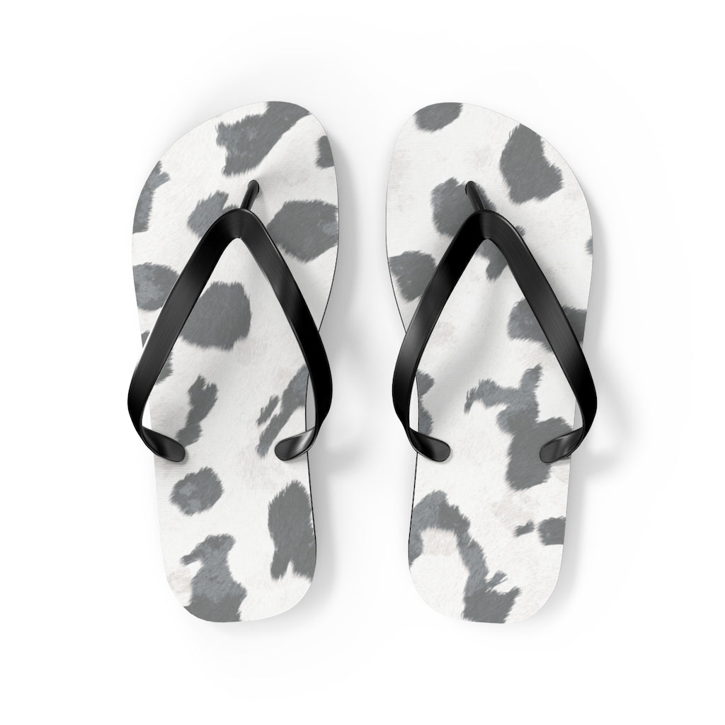 Grey Cow Print Flip Flops