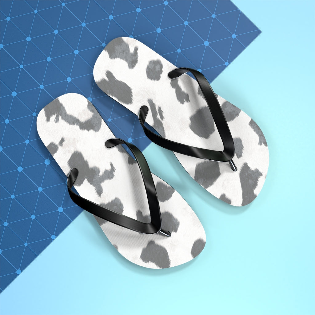 Grey Cow Print Flip Flops