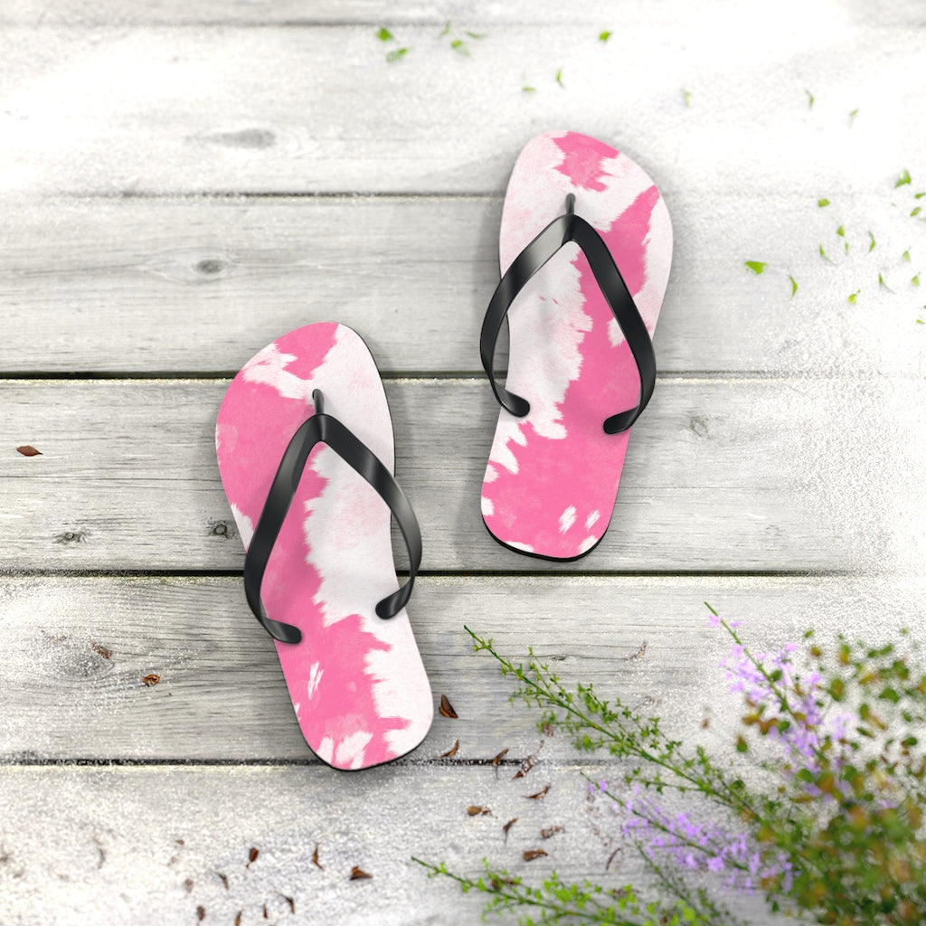 Pink Cow Print Flip Flops