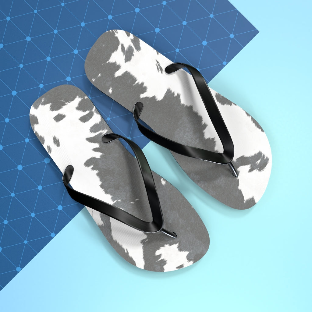 Grey Cow Print Flip Flops