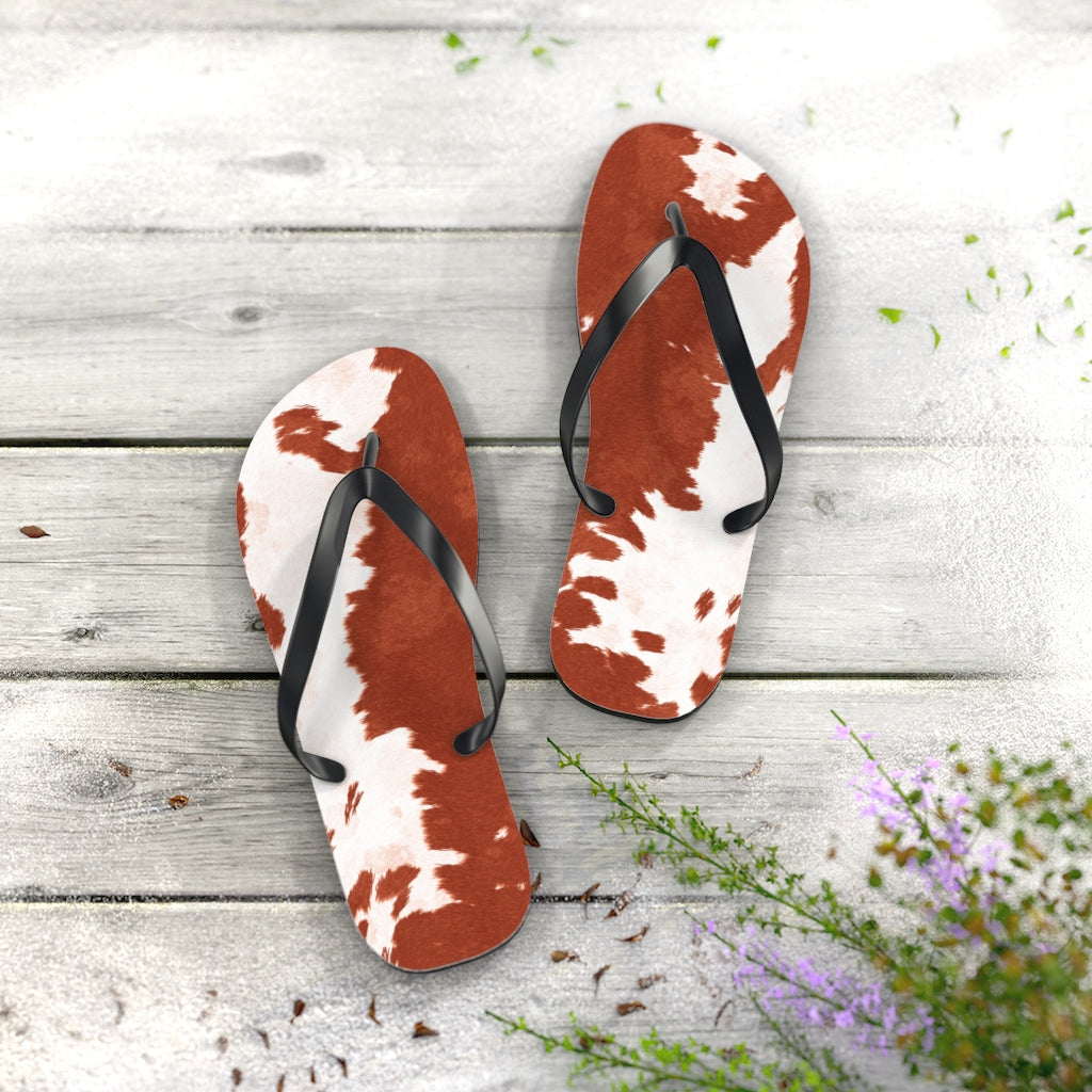 Red Cow Print Flip Flops