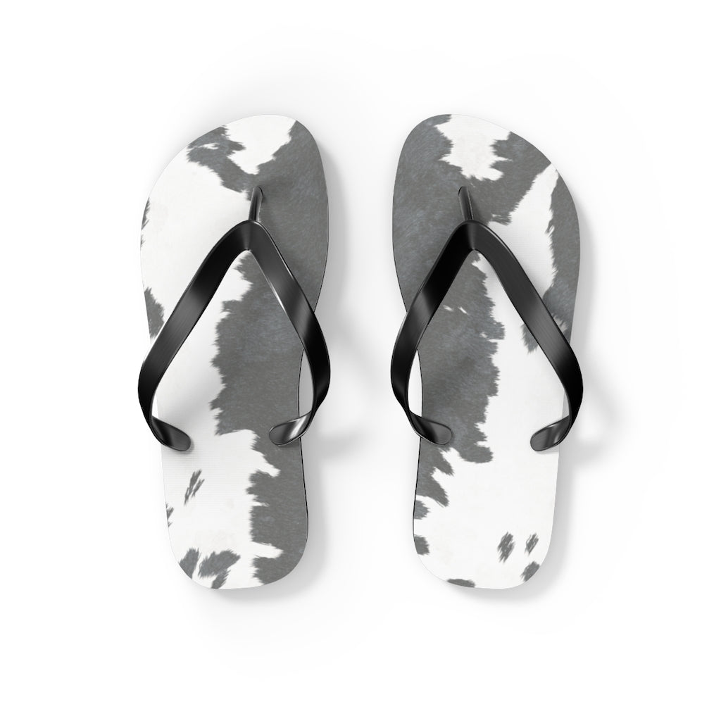 Grey Cow Print Flip Flops