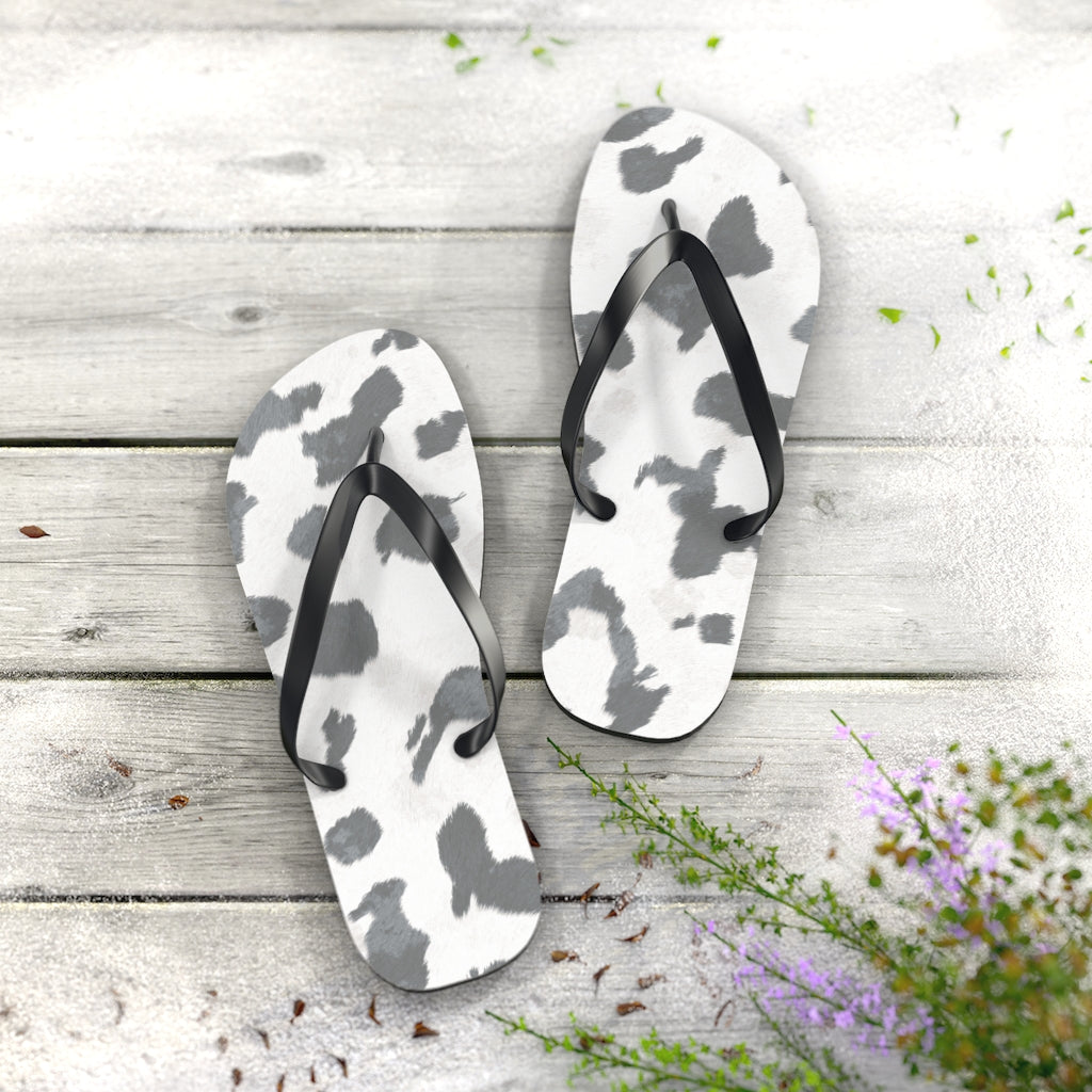 Grey Cow Print Flip Flops