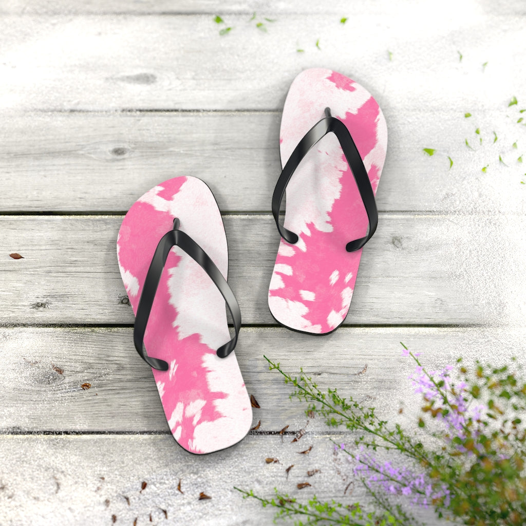 Pink Cow Print Flip Flops