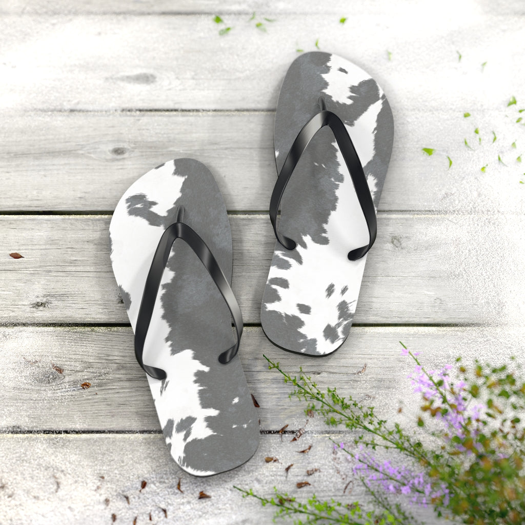 Grey Cow Print Flip Flops