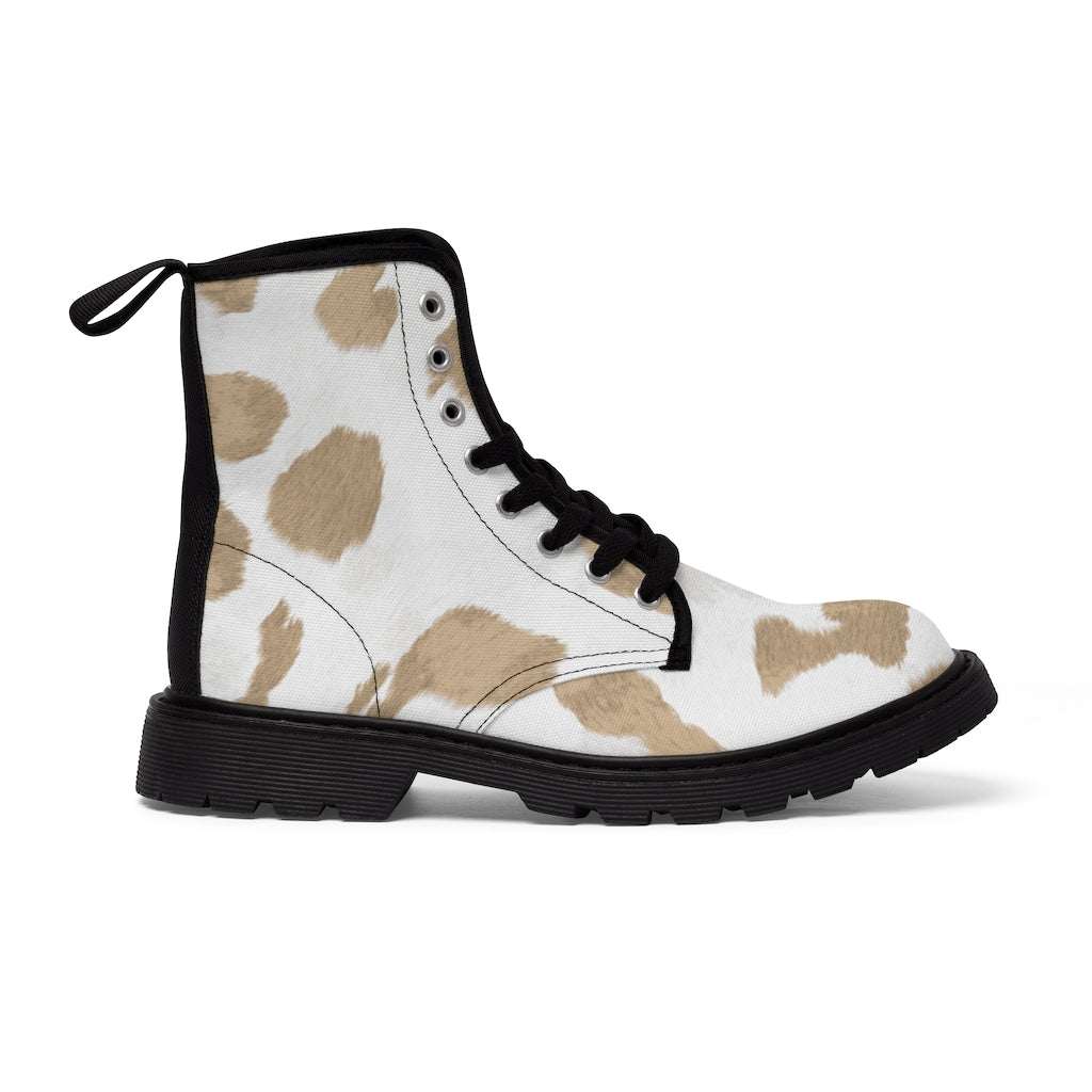 Beige Cow Print Canvas Boots [Women's]