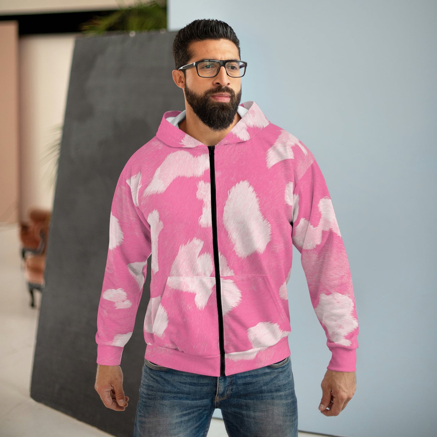 Pink Cow Print Jacket | Zip Hoodie [Unisex]