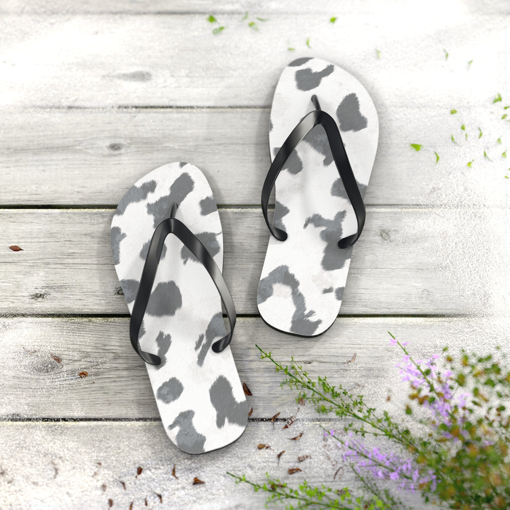 Grey Cow Print Flip Flops