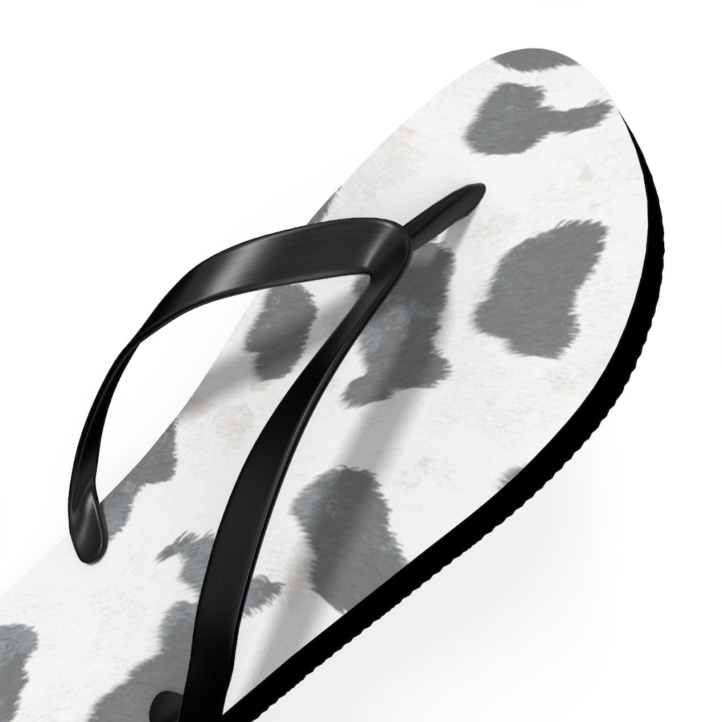 Grey Cow Print Flip Flops