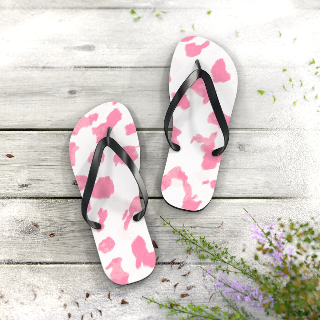 Pink Cow Print Flip Flops