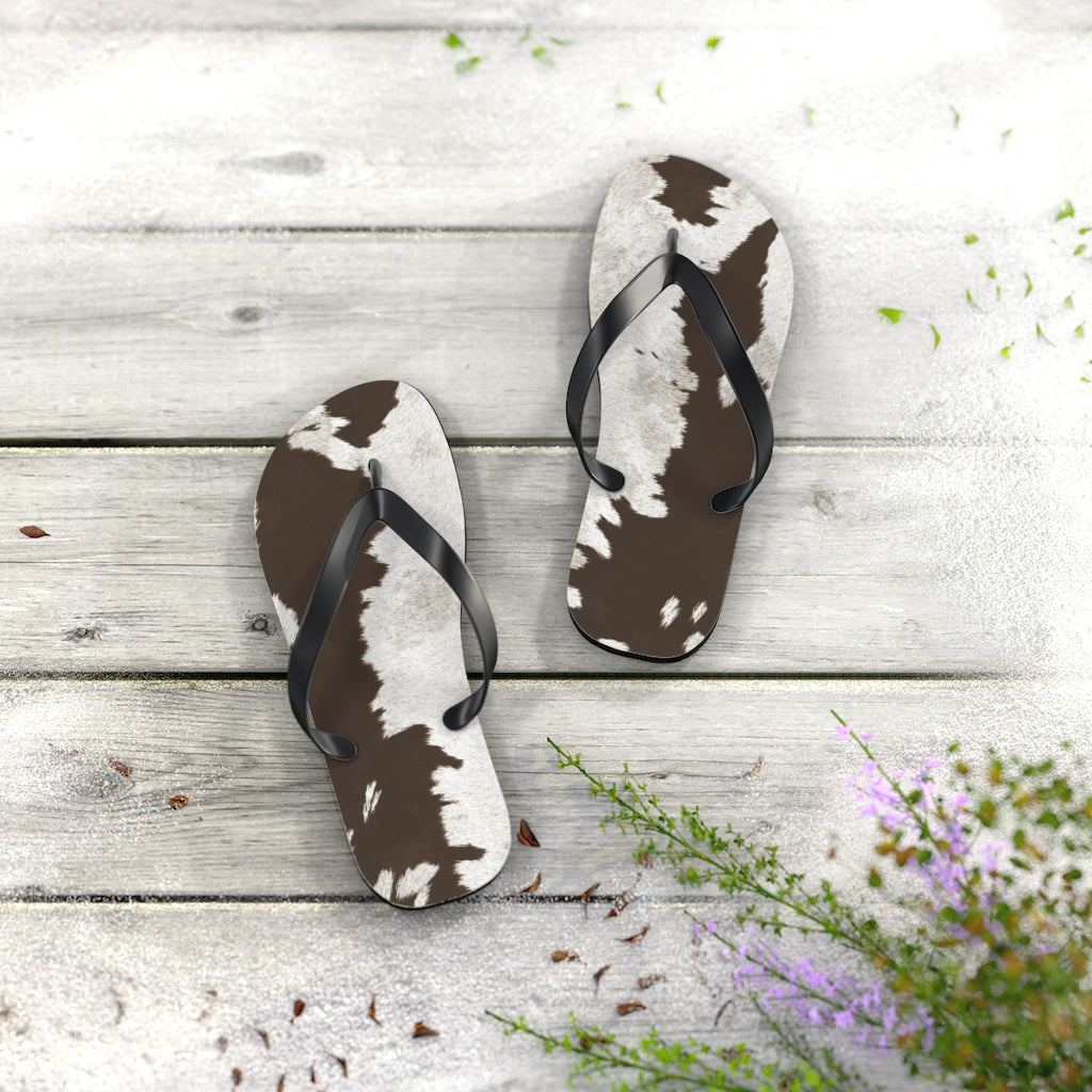 Taupe Cow Print Flip Flops