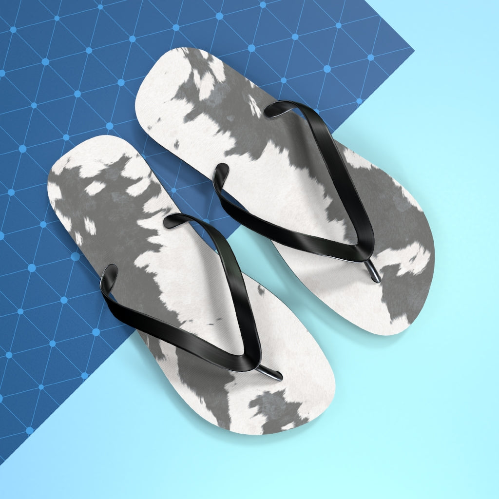 Grey Cow Print Flip Flops