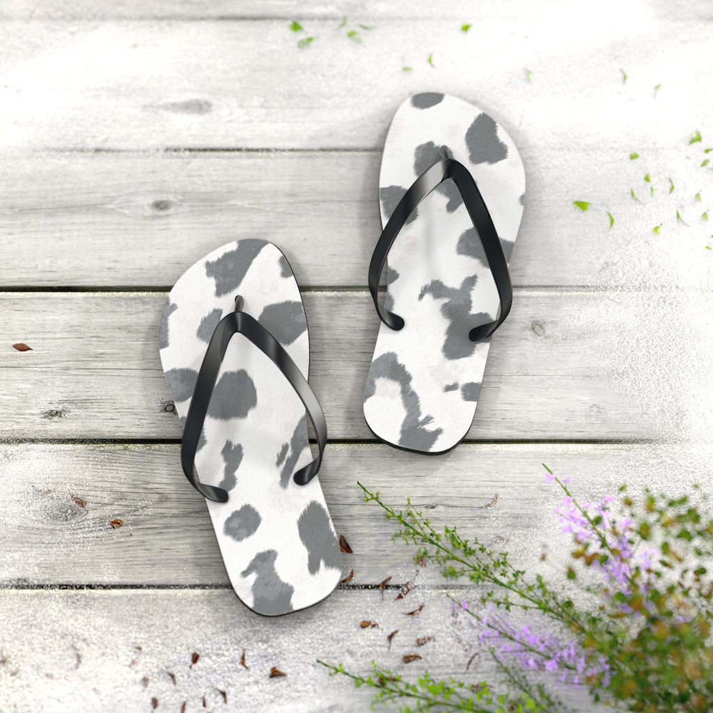 Grey Cow Print Flip Flops