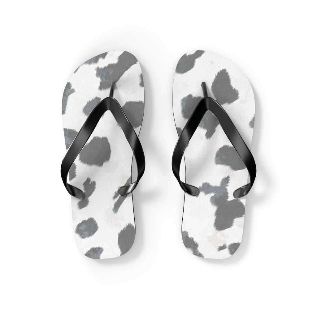 Grey Cow Print Flip Flops