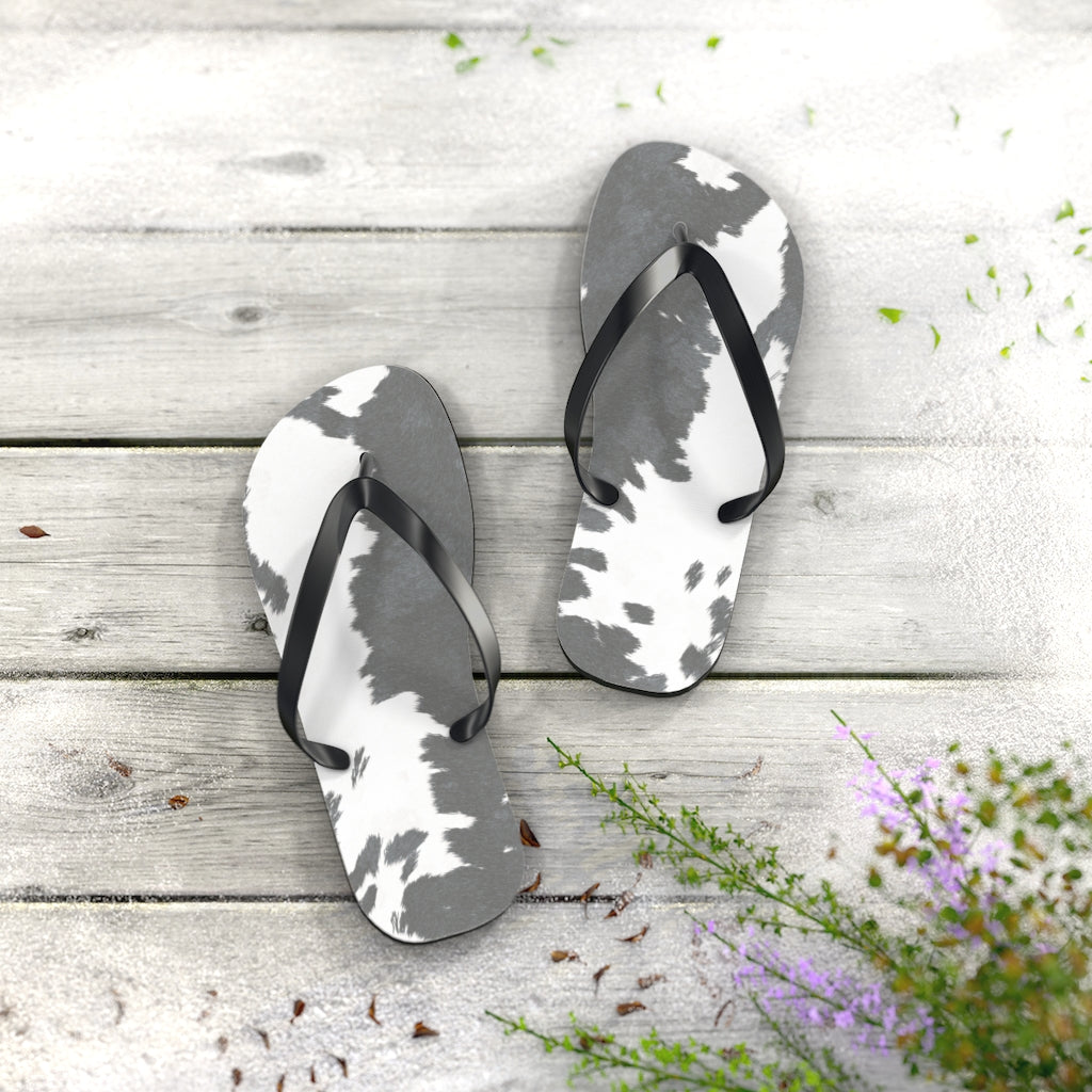 Grey Cow Print Flip Flops