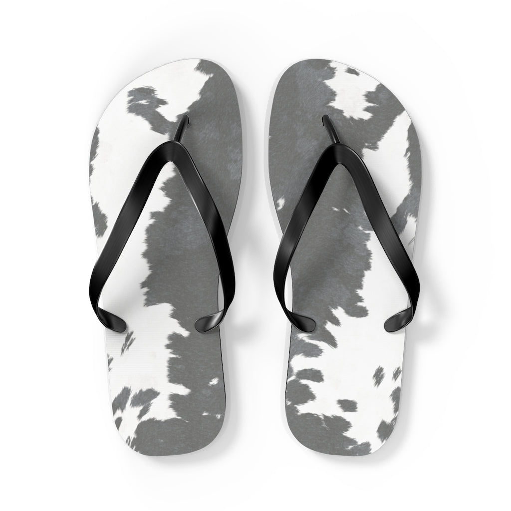 Grey Cow Print Flip Flops