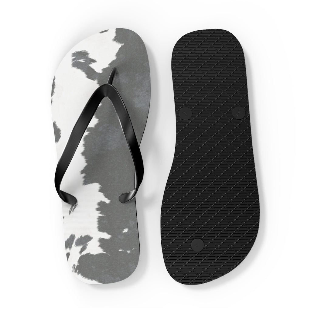 Grey Cow Print Flip Flops