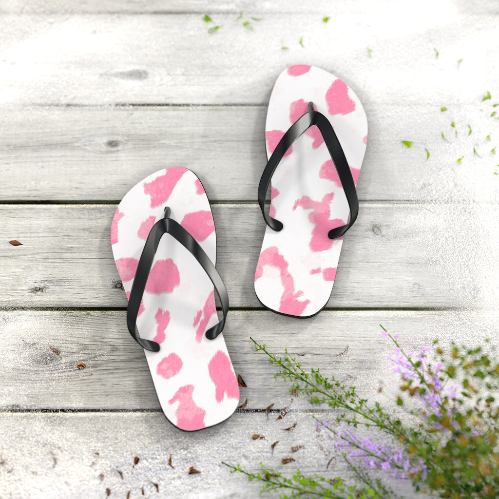 Pink Cow Print Flip Flops