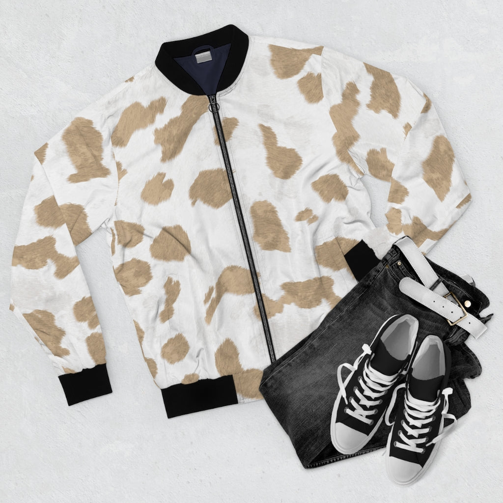 Beige Cow Print Bomber Jacket