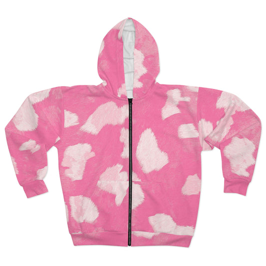 Pink Cow Print Jacket | Zip Hoodie [Unisex]