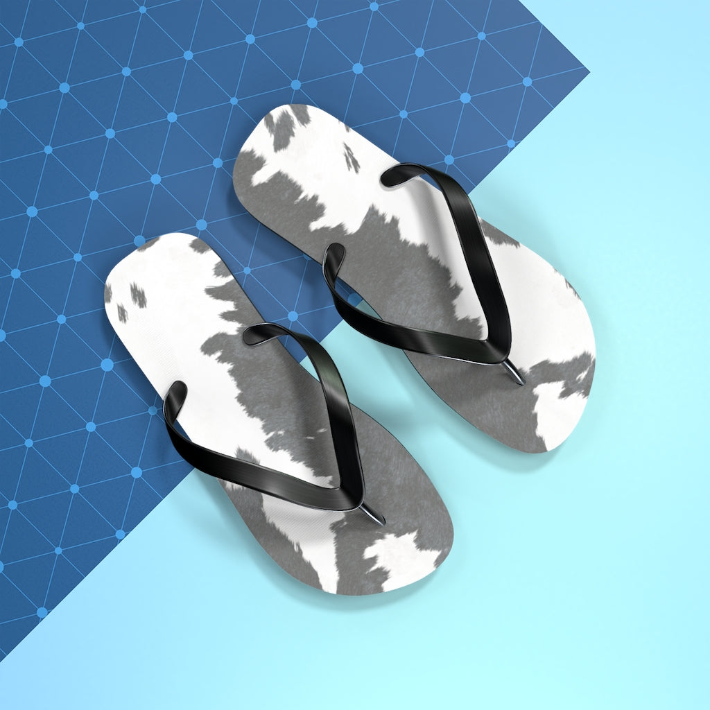 Grey Cow Print Flip Flops