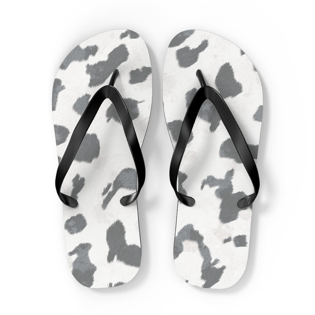 Grey Cow Print Flip Flops