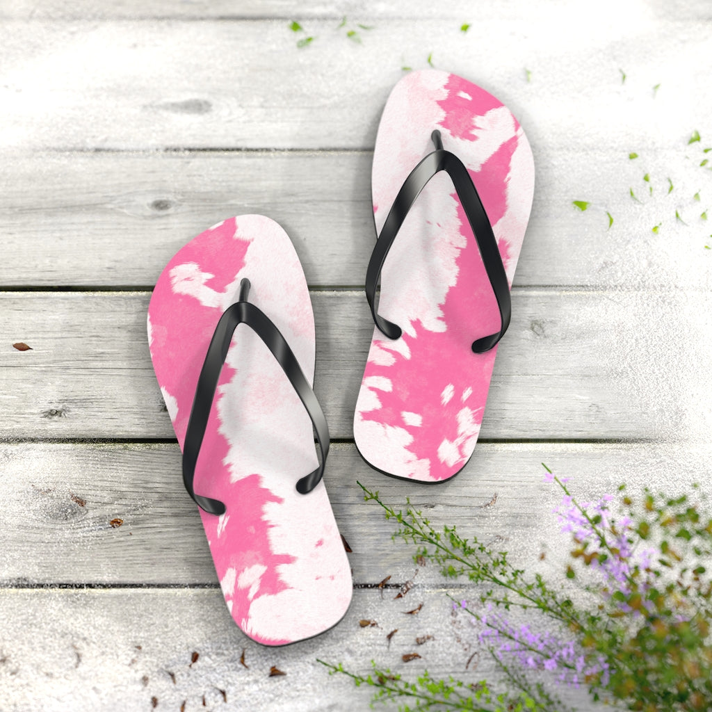 Pink Cow Print Flip Flops