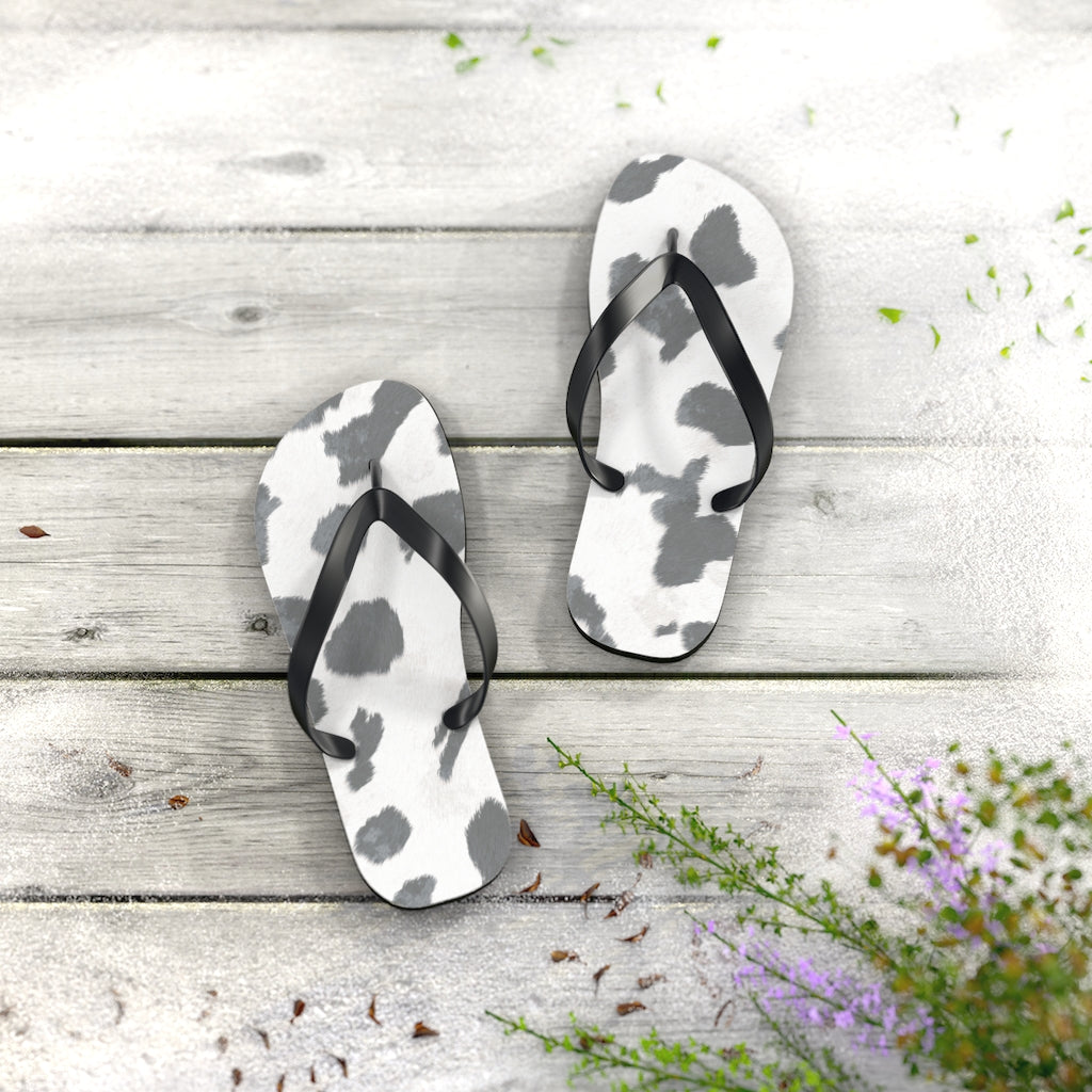 Grey Cow Print Flip Flops